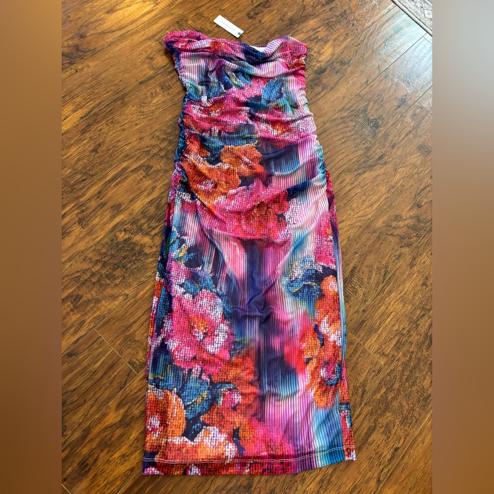 Anthropologie Floral Strapless Midi Dress in Pink, Orange, Blue